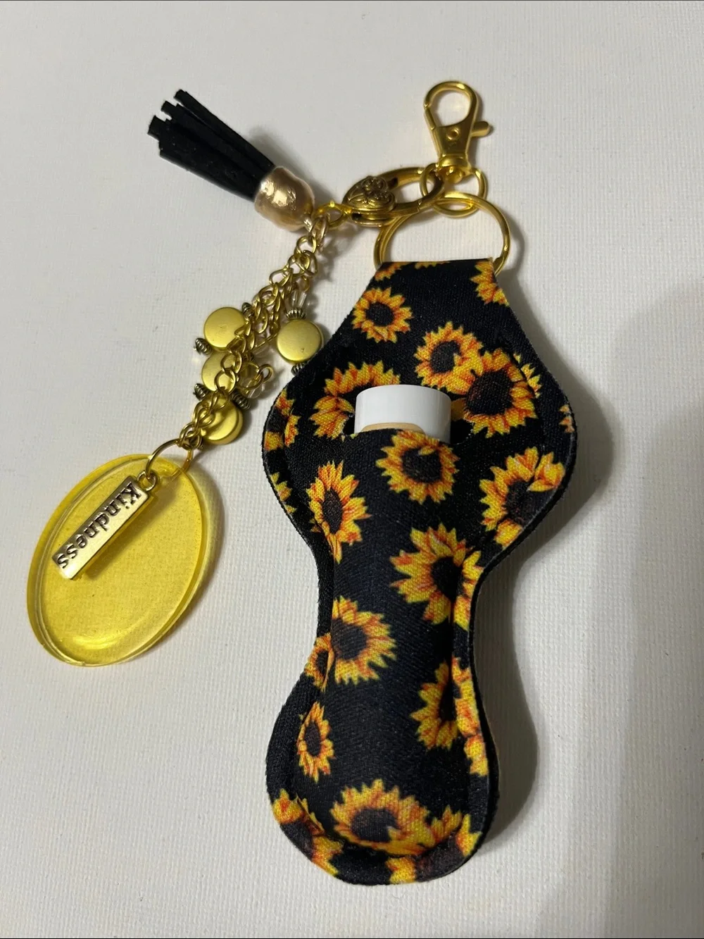 Sunflower Print Lip balm Detachable Keychain Gold Charm 2 pr Earrings
